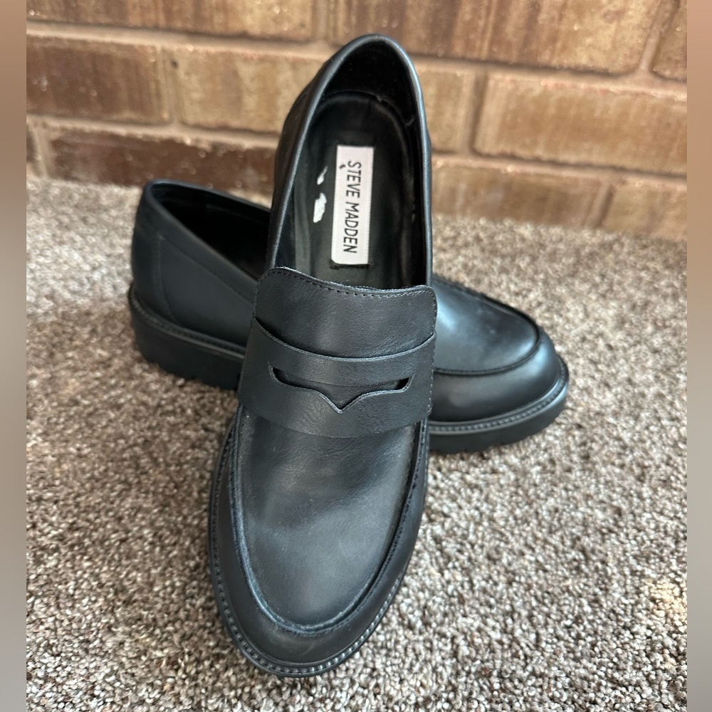 Steve Madden Lotto Chunky Black Leather Penny Loafers sz 6
